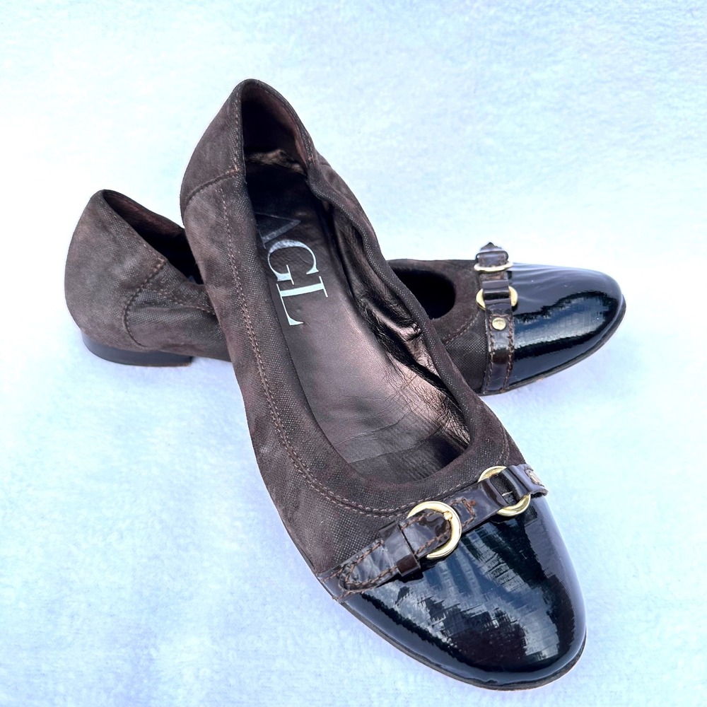 AGL Ballet Flats Women 38 Brown Suede Black Patent Cap Toe Gold Buckle Italy